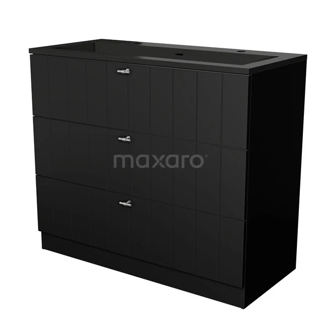 Modulo Vanity units with basin | 100 cm Matte black Slat front Quartz 3 standing drawers BMW19S-00577 Black bathroom cabinet with three drawers, glossy finish and sleek design, ideal for bathroom storage and modern interiors.