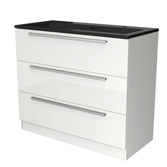 White bathroom cabinet with black top, three drawers and chrome handles, modern design for stylish bathroom storage.