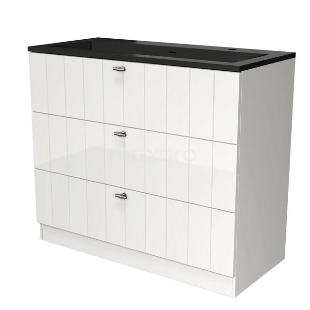 Weißer Badschrank mit drei Schubladen und schwarzer Kunststoffplatte, modernes Design für optimalen Stauraum im Badezimmer.