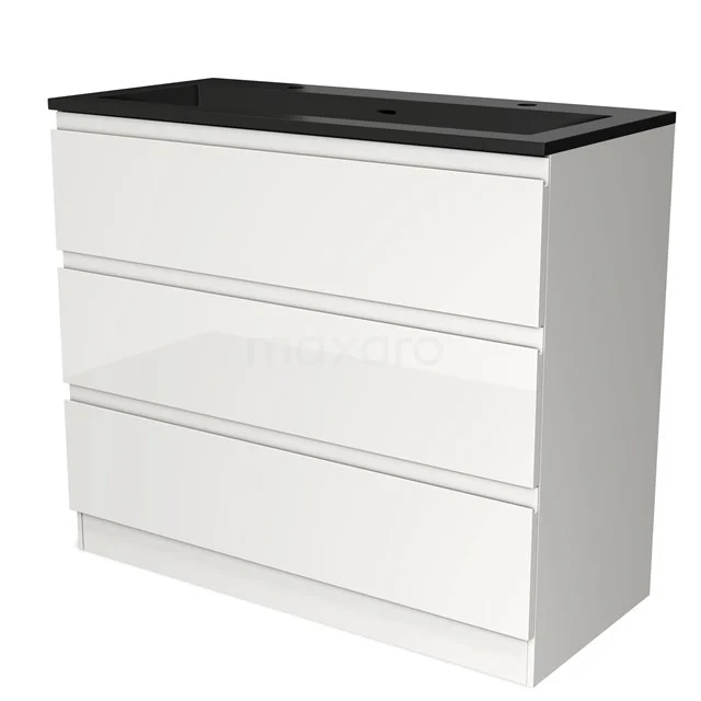 Witte badkamerkast met drie lades en zwarte wastafel, strak design, ideaal voor moderne badkamers.
