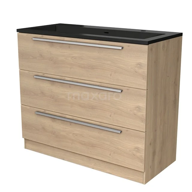 Wooden bathroom cabinet with three drawers, black top, modern design, suitable for storage in a stylish bathroom.