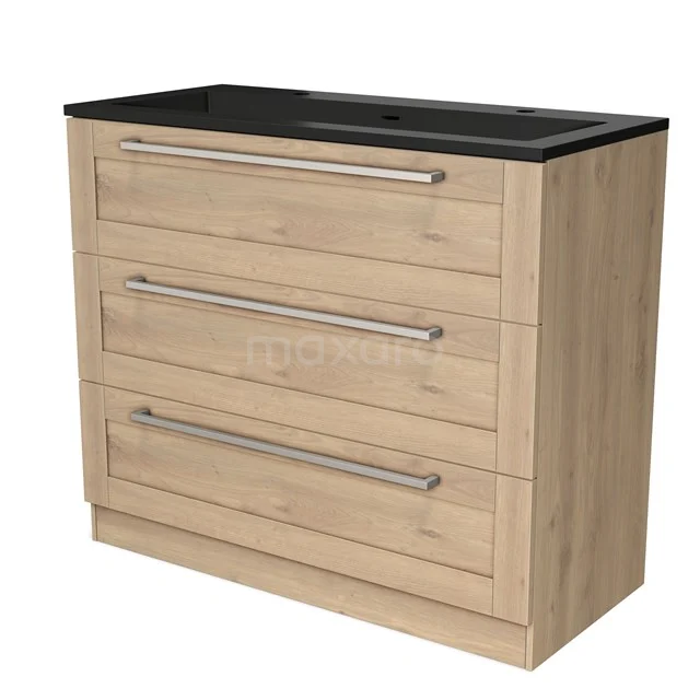 Wooden bathroom cabinet with three drawers, black basin worktop, modern design for storage space in the bathroom.