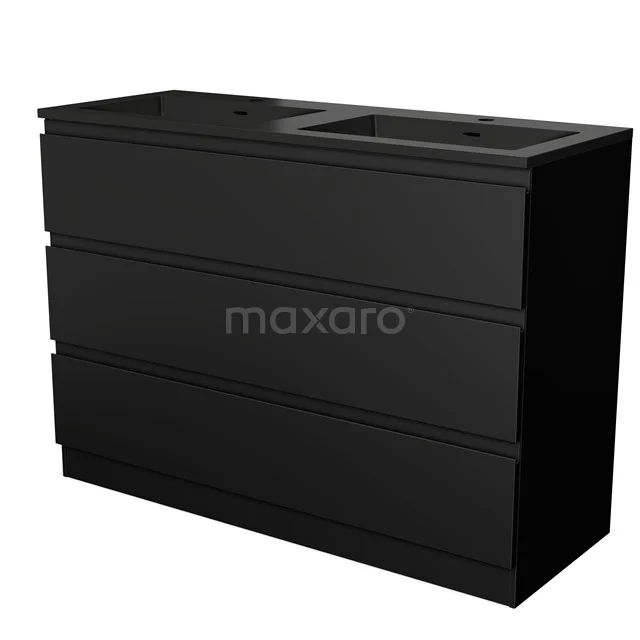 Black bathroom furniture set with double basin; sleek design, three drawers, and high-gloss finish for a modern bathroom style.