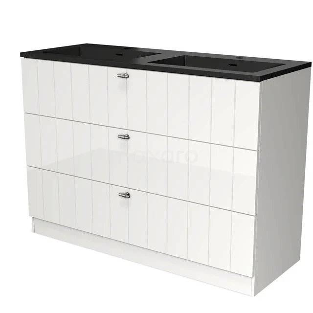 Modulo Vanity units with basin | 120 cm High-gloss white Slat front Quartz 3 standing drawers BMW19S-00588 White bathroom furniture set with three handleless drawers, black stone Basin worktop and integrated double sink.