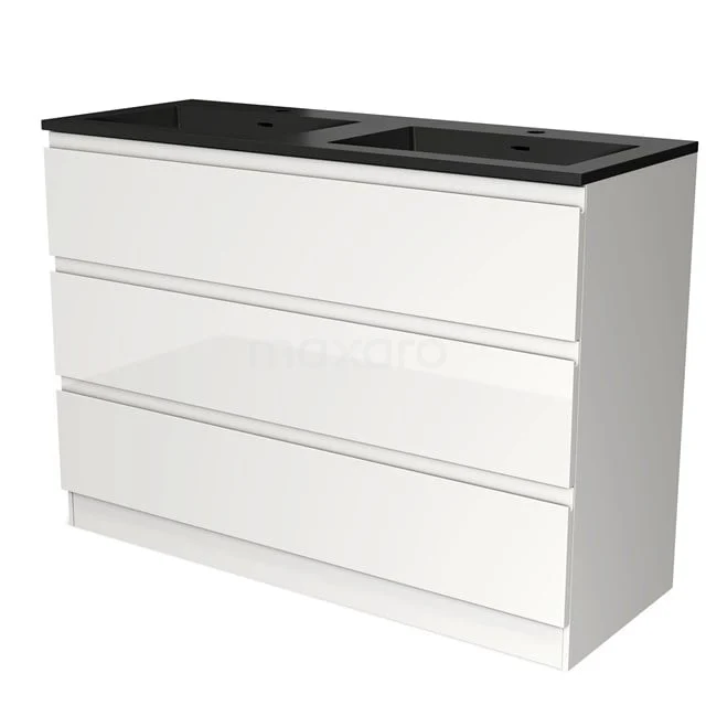 White bathroom cabinet with three drawers, black basin worktop, sleek design, ideal for modern bathrooms.