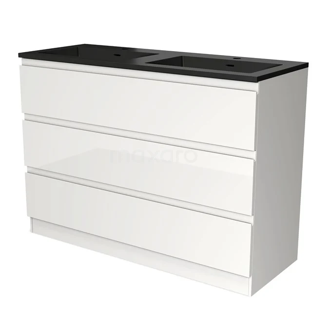Weißer Badschrank mit drei Schubladen, schwarzer Waschtischplatte, elegantes Design, ideal für moderne Bäder.