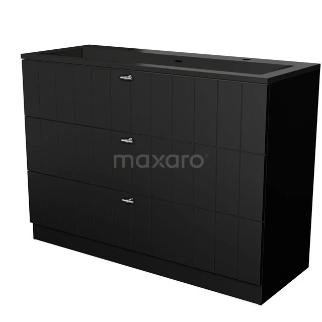 Schwarz Badmöbel mit drei Schubladen und integriertem Waschbecken, moderner Stil, ideal für eine schlichte Badezimmergestaltung.