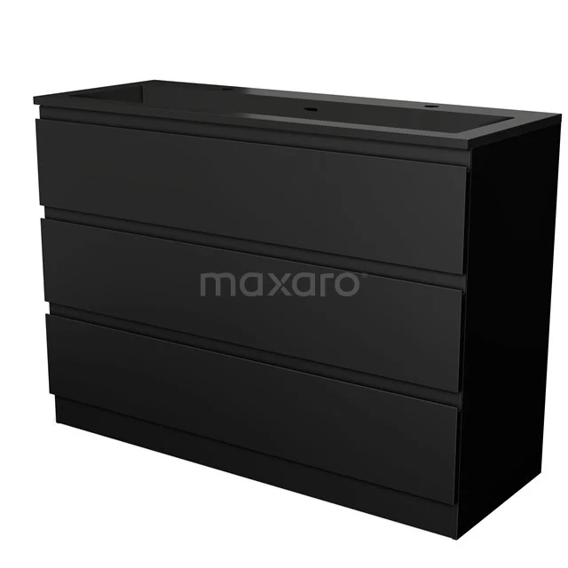 Zwart badkamermeubel met drie lades, strak design en matte afwerking, ideaal voor moderne badkameropslag.
