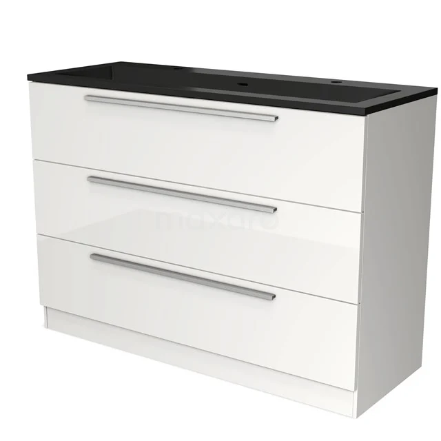 White bathroom cabinet with three drawers, black plastic worktop and black metal handles, ideal for stylish bathroom storage.