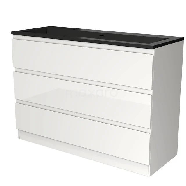 Witte badkamerkast met drie lades en zwart wastafelblad, strak design van hoogwaardige materialen voor moderne badkamers.