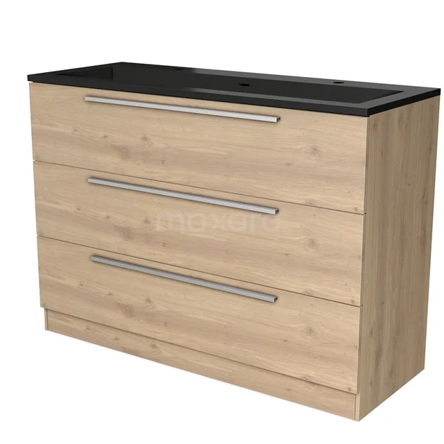 Houten badkamermeubel met drie lades en zwart wastafelblad, modern ontwerp, ideaal voor badkameropslag.
