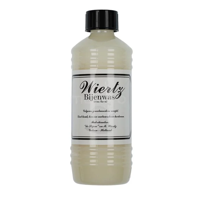 Blankes Bienenwachs 500ml W500 Transparente Plastikflasche mit schwarzem Deckel, gefüllt mit natürlichem Badezimmerreiniger der Marke Wiertz, 500 ml.