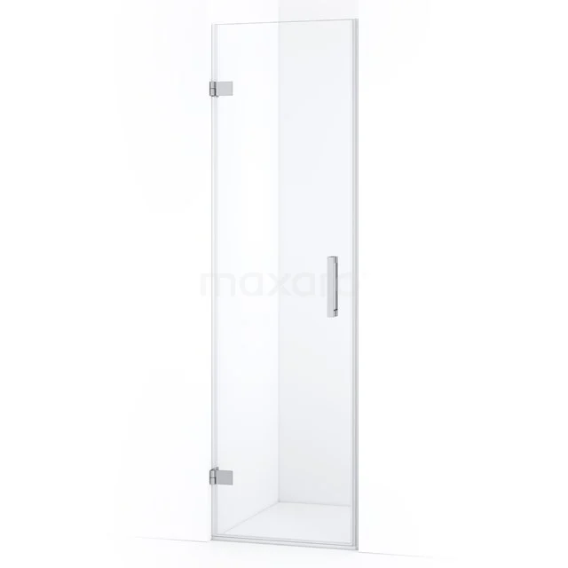 Glas Duschtür mit Klarglas, metallischem Haltegriff und Scharnieren, ideal für moderne Badezimmergestaltung.