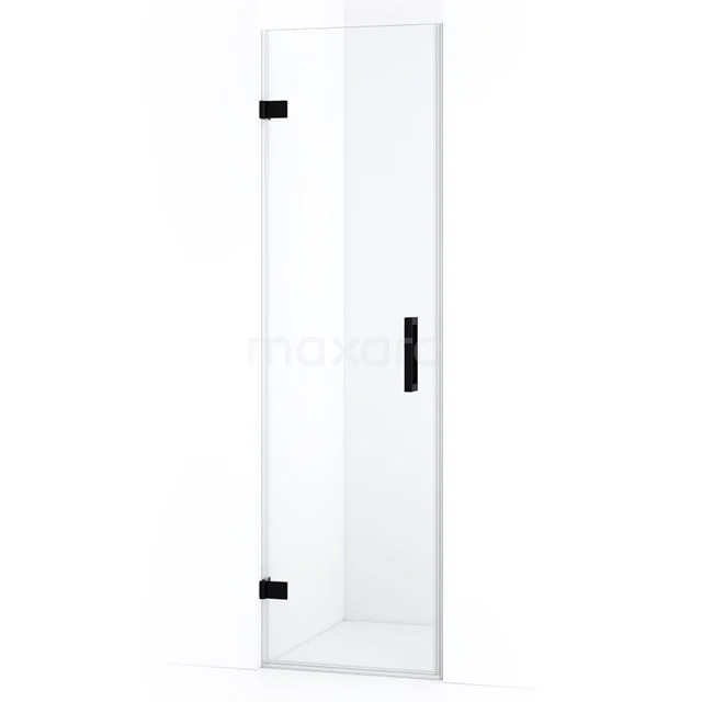 Glasene Duschtür mit schwarzen Scharnieren, minimalistisches Design, perfekt für ein modernes Badezimmer.