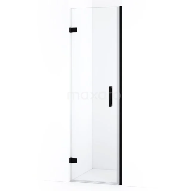 Glasdouchedeur mit mattschwarzen Scharnieren und Haltegriff, straffes Design, ideal für eine moderne Badezimmergestaltung.