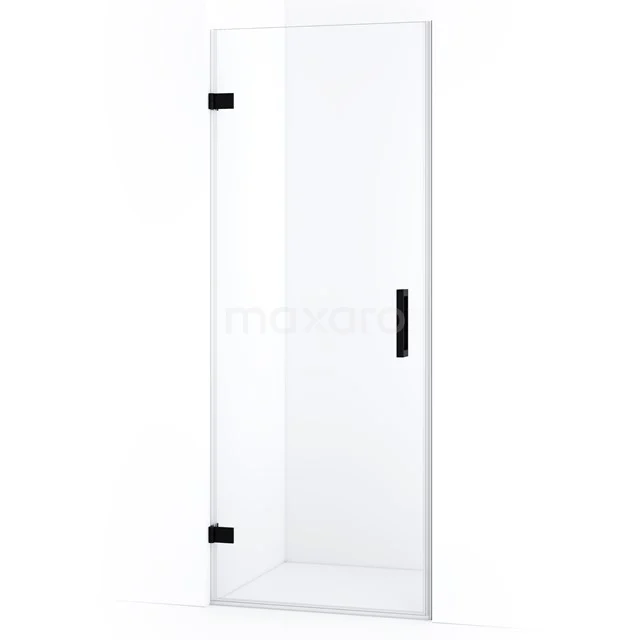 Glas Duschtür mit Schwarz Metall Scharnieren und Haltegriff, minimalistisches Design für moderne Badezimmer.