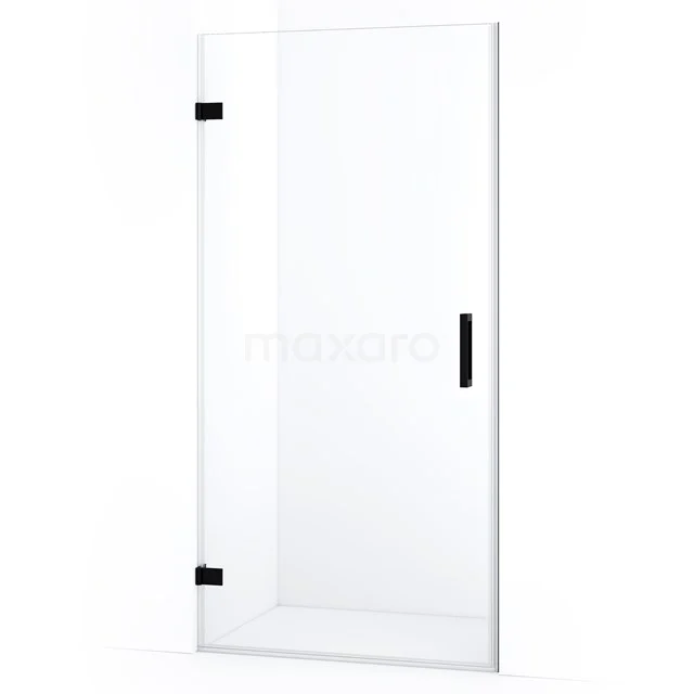 Glasene Duschtür mit schwarzen Metallscharnieren und Haltegriff, elegantes Design für moderne Bäder.