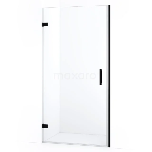 Schwarze Duschtür mit Klarglas und Scharnieren, modernes Design, perfekt für einen klaren und eleganten Badezimmerstil.