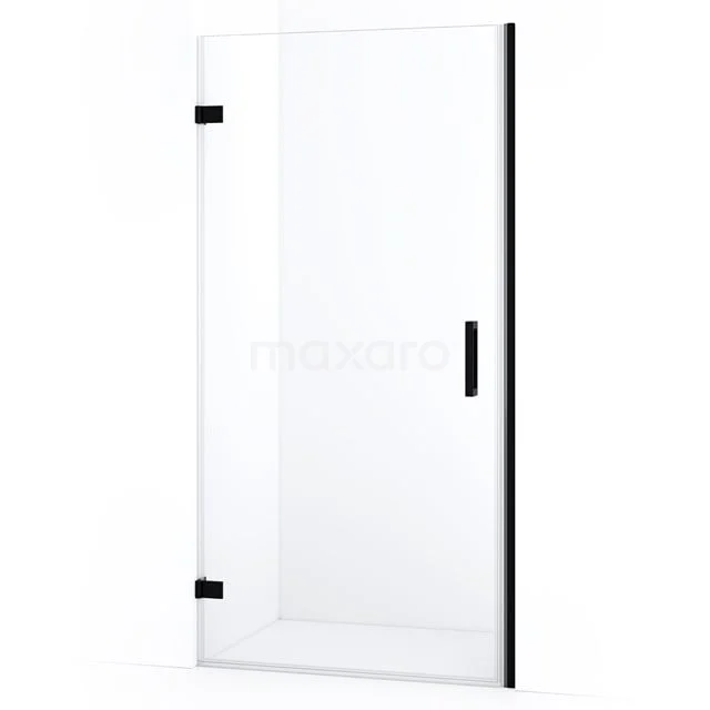 Schwarze Duschtür mit Klarglas und Scharnieren, modernes Design, perfekt für einen klaren und eleganten Badezimmerstil.