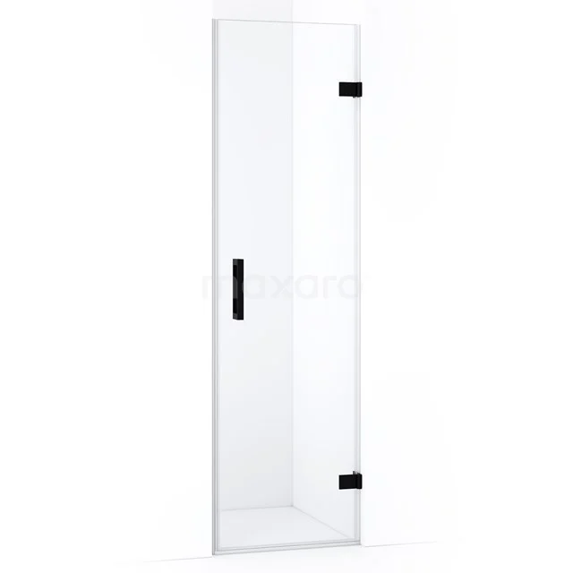 Glasene Duschtür mit schwarzen Scharnieren, elegantes Design, rechteckige Form, perfekt für moderne Bäder.