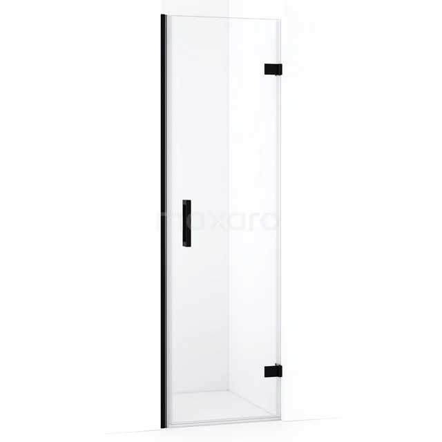 Glasdouchedeur mit schwarzen Scharnieren und Haltegriff, elegantes und modernes Design, ideal für eine stilvolle Badezimmergestaltung.