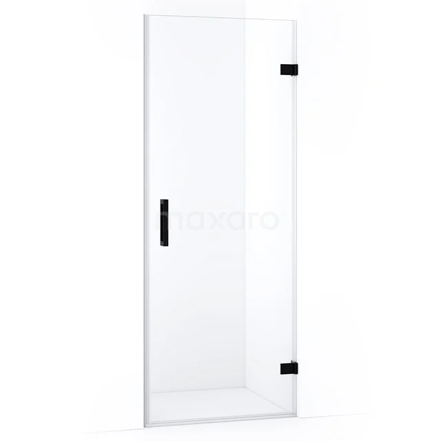 Duschtür aus Klarglas mit mattschwarzen Scharnieren und Haltegriff, Drehtürdesign für einen modernen Badezimmerstil.