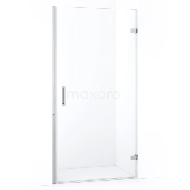 Transparente Glastür mit silberfarbenen Scharnieren, minimalistisches Design und langlebige Oberfläche für moderne Bäder.