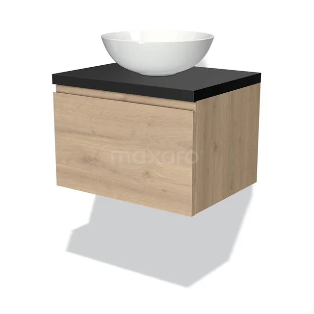 Modulo Plato Vanity units for countertop basin | 60 cm Light brown oak Handle-less front Matte black worktop 1 drawer BMK11-01793