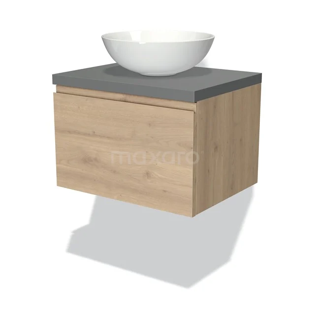 Hölzernes Badezimmermöbel mit Aufsatzwaschbecken, schwebendes Design, graue Oberplatte, moderner Stil, ideal für kompakte Bäder.
