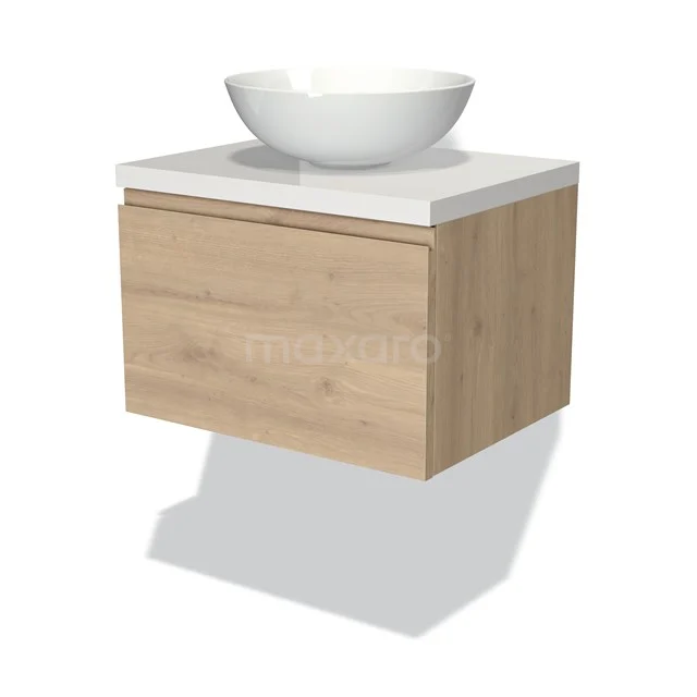 Modulo Plato Badmöbel mit Aufsatzwaschbecken | 60 cm Hellbraune Eiche Grifflos front Hochglanz Weiß blatt 1 Schublade BMK11-01795 Holz-Badmöbel mit Matt Weiß Waschbecken, Wandmodell, minimalistisches Design und Soft-Close-Schublade.