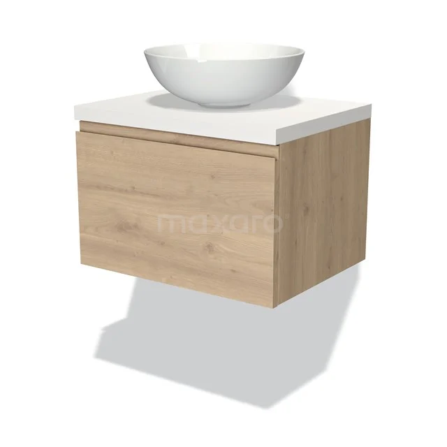 Holz-Badmöbel mit einem weißen keramischen Aufsatzwaschbecken, modernes schwebendes Design und klare Verarbeitung.