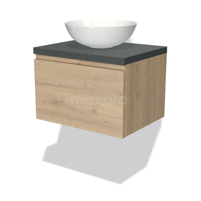 Hölzernes Badezimmermöbel mit hängendem Design, graue Platte und weißer schalenförmiger Waschbecken, ideal für moderne Bäder.