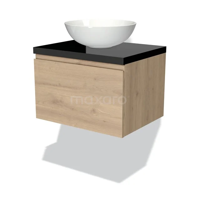 Holz Badezimmermöbel mit schwarzer Platte und weißem Aufsatzwaschbecken, modernes Design perfekt für stilvolle Bäder.