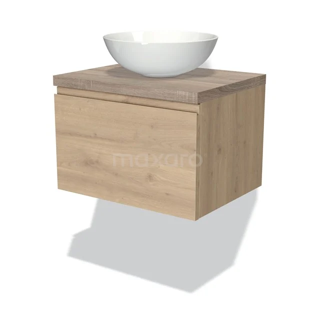 Badmöbel für Waschtischunterschrank mit Konsole 60cm Modulo Plato Hellbraune Eiche 1 Schublade Grifflose Platte aus Eiche BMK11-01799 Holz Badezimmermöbel mit Eiche-Look und weißem rundem Waschbecken, ideale Wandregal für eine moderne Badezimmer Einrichtung.