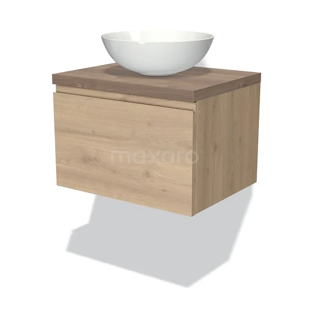 Holz-Badmöbel mit hängendem Design und rundem weißen Aufsatzwaschbecken, ideal für moderne Badezimmergestaltung.