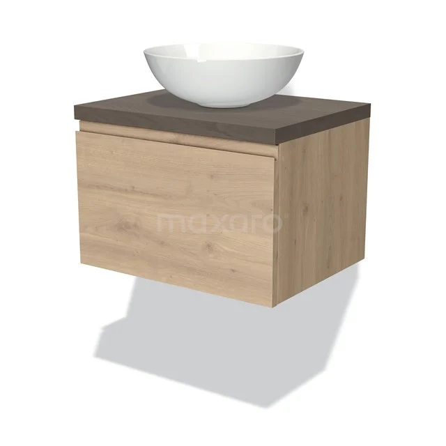 Hölzernes Badezimmermöbel mit Schublade, dunkler Platte und weißem Aufsatzwaschbecken; stilvolle und kompakte Lösung für moderne Bäder.