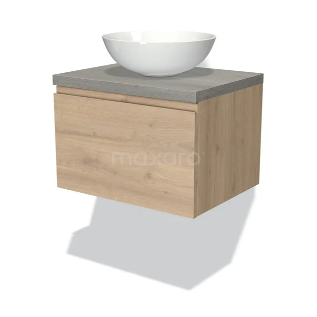 Badmöbel für Waschtischunterschrank mit Konsole 60cm Modulo Plato Hellbraune Eiche 1 Schublade Grifflos Graue Eiche Platte BMK11-01804 Hölzernes Badezimmermöbel mit schwebender Schublade, grauem Steinblatt und weißem Aufsatzwaschbecken, ideal für moderne Bäder.