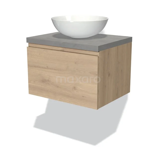 Holz-Badmöbel mit Betonlook Platte und runder weißer Aufsatzwaschbecken, modernes Design für stilvolle Badezimmergestaltung.