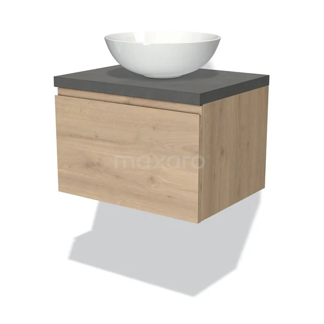 Modulo Plato Badmöbel mit Aufsatzwaschbecken | 60 cm Hellbraune Eiche Grifflos front Dunkelgrauer Beton blatt 1 Schublade BMK11-01806 Holz-Badmöbel mit keramischem Aufsatzwaschbecken, schwebendes Design, graue Platte und natürliche Eichenoberfläche.