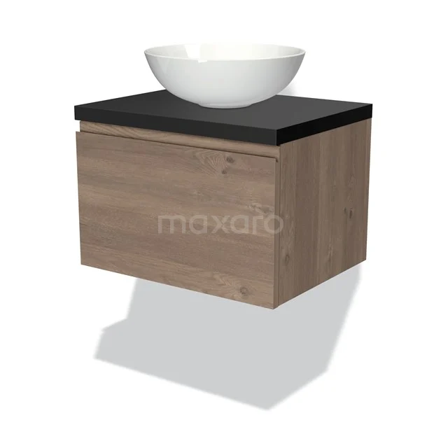 Holz Badezimmermöbel mit Schwarz Platte und weißen Aufsatzwaschbecken, Wandmontage, modernes Design.