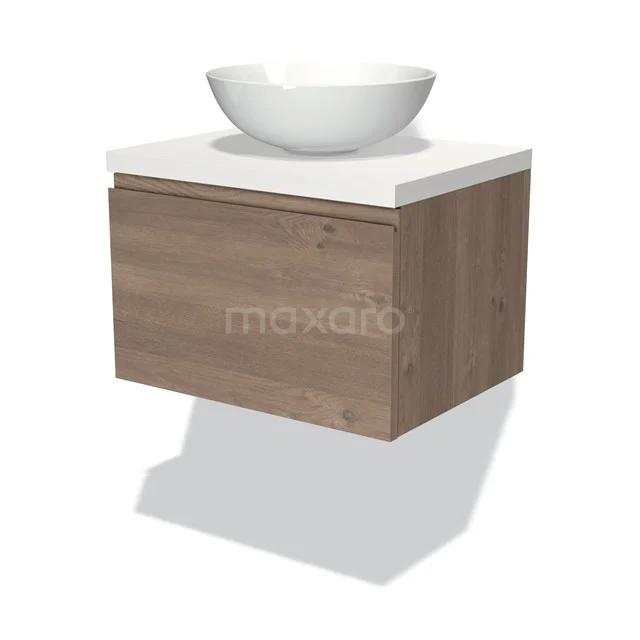 Modulo Plato Vanity units for countertop basin | 60 cm Mid brown oak Handle-less front Matte white worktop 1 drawer BMK11-01810