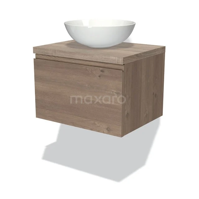 Holz-Badmöbel mit hängendem Design, inkl. weißem runden Aufsatzwaschbecken; ideal für moderne Badezimmergestaltung.