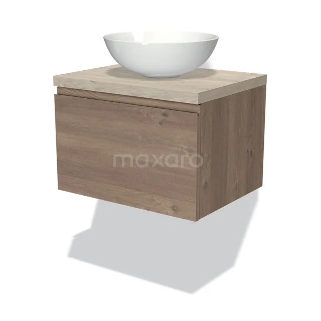 Holz-Badmöbel mit schwebendem Design, Naturlook, keramischem Aufsatzwaschbecken und Softclose-Schublade für stilvolle Badezimmergestaltung.