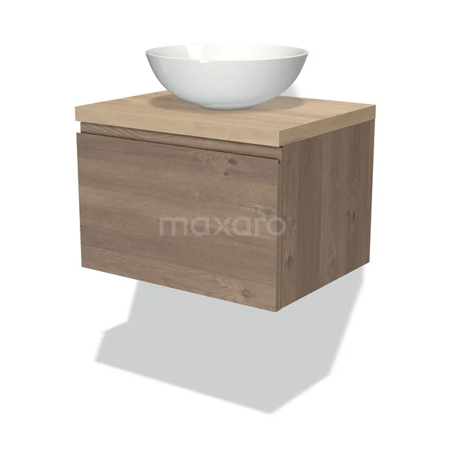 Hölzernes Badezimmermöbel mit Schublade und weißem rundem Aufsatzwaschbecken, modernes Design, ideal für ein stilvolles und praktisches Badezimmer.