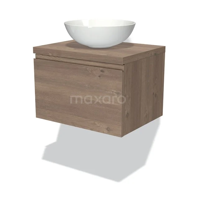 Holz schwebendes Badezimmermöbel mit Schublade und keramischem Aufsatzwaschbecken, modernes Design in natürlicher Holzfarbe.