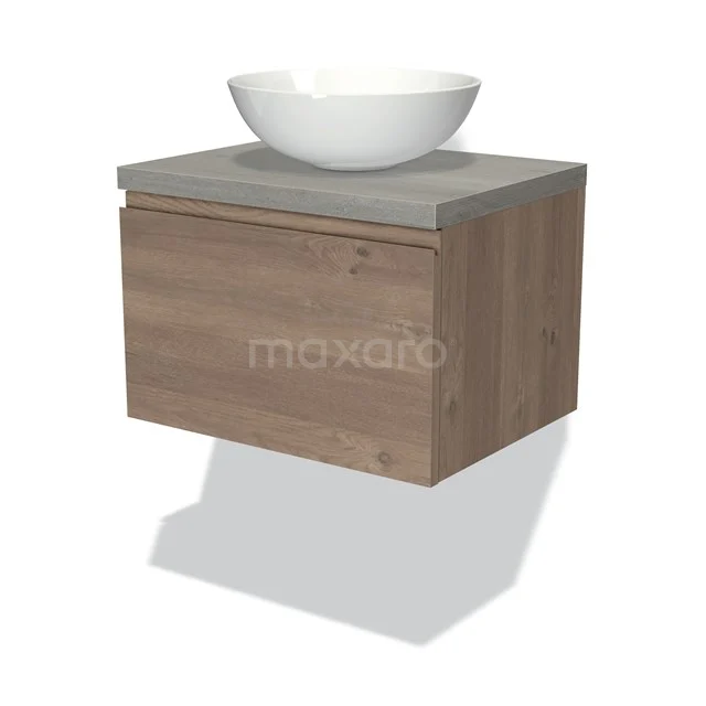 Badmöbel für Aufsatzwaschbecken 60cm Modulo Plato mittelbraune Eiche 1 Schublade grifflos graue Eiche Platte BMK11-01818 Hölzernes Badmöbel mit Waschbecken, Beton Platte und Softclose Schublade; modernes Design für kompakte Bäder.