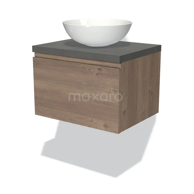 Badmöbel für Aufsatzwaschbecken 60cm Modulo Plato Mittelbraune Eiche 1 Schublade Grifflos Dunkelgrauer Beton Platte BMK11-01820 Holz-Badmöbel mit Betonlook Platte, weißer runder Aufsatzwaschbecken, Wandmontage, kompaktes Design für moderne Bäder.