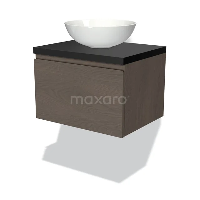 Wandhängendes Badezimmermöbel in Holzoptik mit schwarzer Platte und weißem rundem Aufsatzwaschbecken, modernes Design.