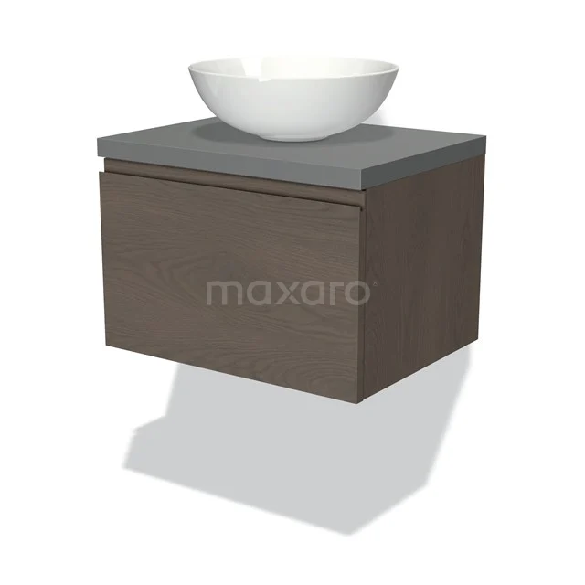 Wandhängendes Badezimmermöbel Holzoptik mit grauer Waschtischplatte und weißem Aufsatzbecken, moderner Stil ideal für kompakte Bäder.