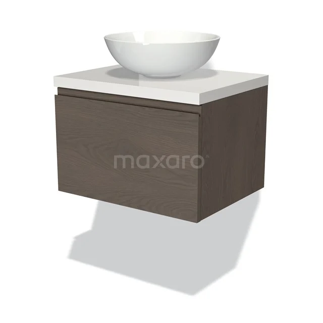 Modulo Plato Vanity units for countertop basin | 60 cm Dark brown oak Handle-less front High-gloss white worktop 1 drawer BMK11-01823